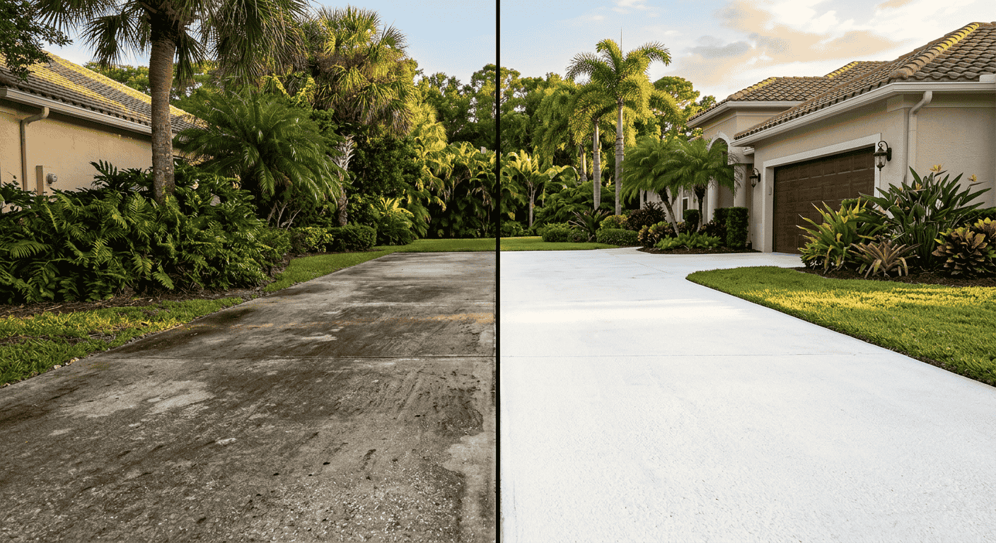 Before and after driveway pressure wash in Sarasota